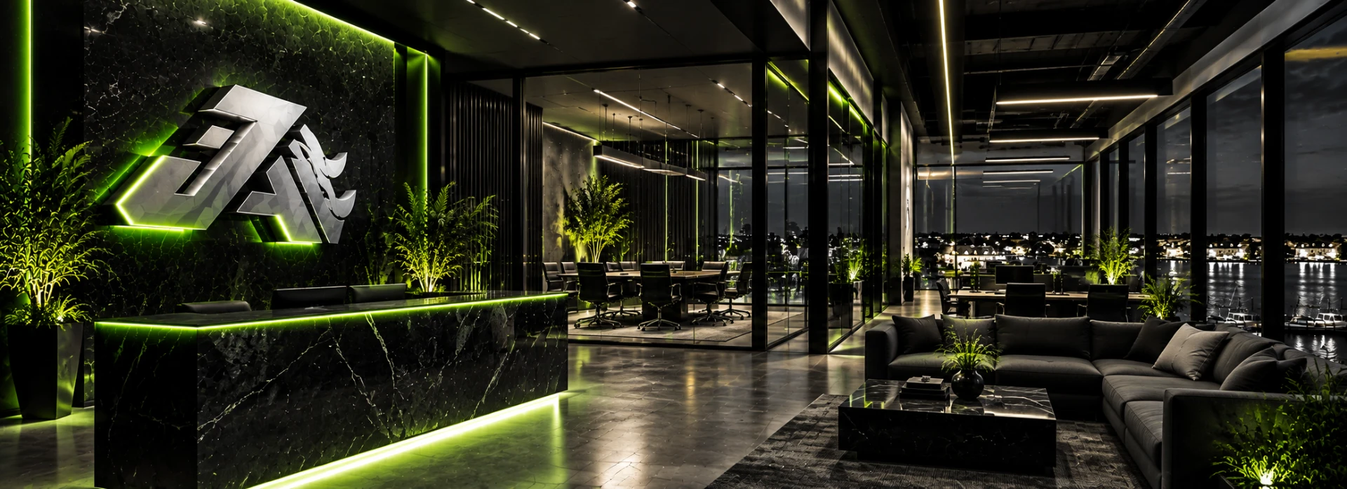 Juggernaut Digital office overlooking the waterfront at night
