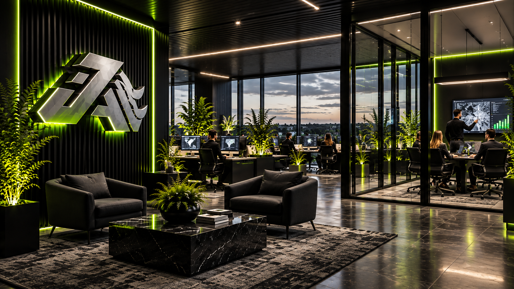 Juggernaut Digital team working in a charcoal and lime-lit office with the JA emblem