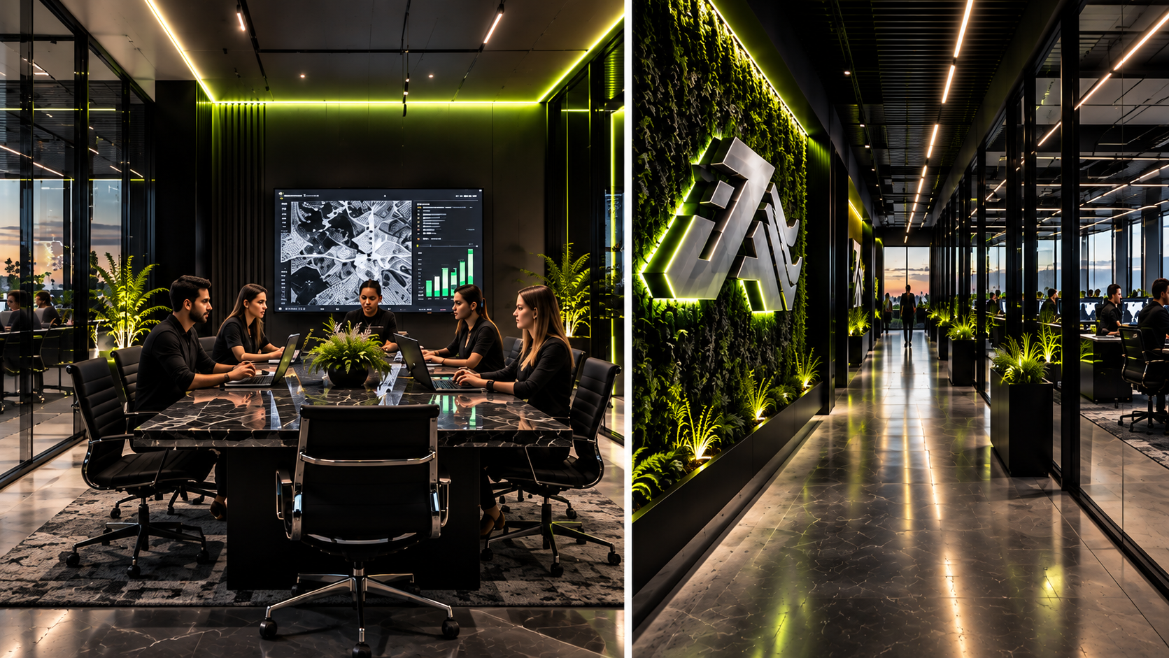 Juggernaut Digital team meeting in a conference room beside a lime-lit hallway with the JA emblem
