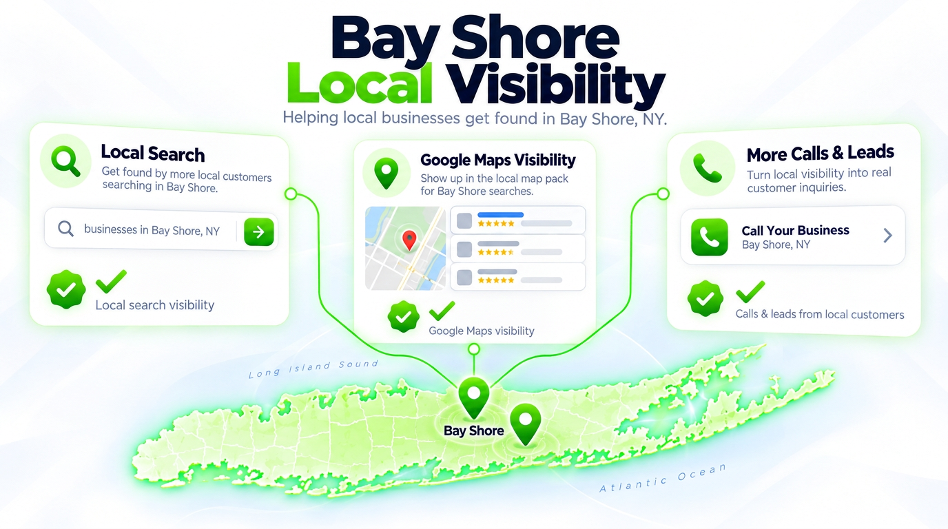 Juggernaut Digital search bar connected to AI chat assistants and a Google Maps pack over a Bay Shore neighborhood