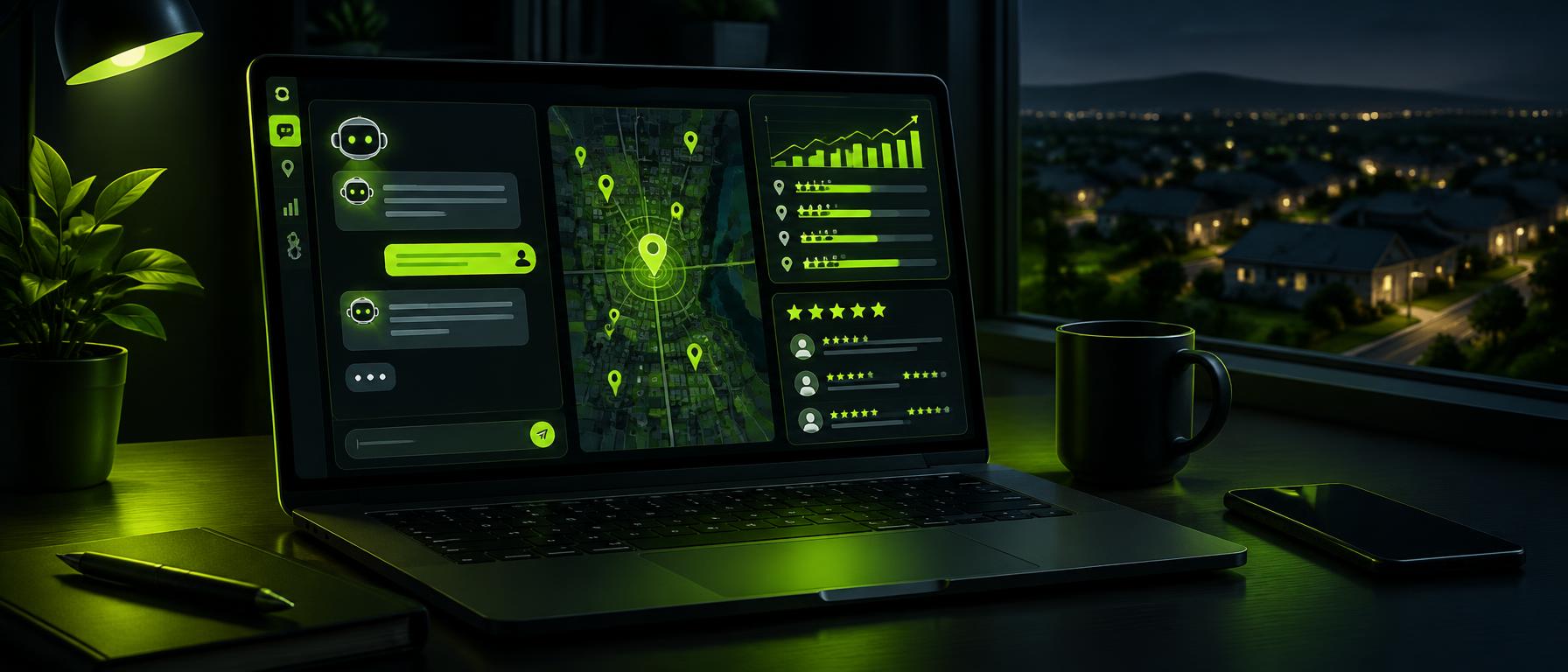 Laptop with AI chat, local map pins and review dashboard