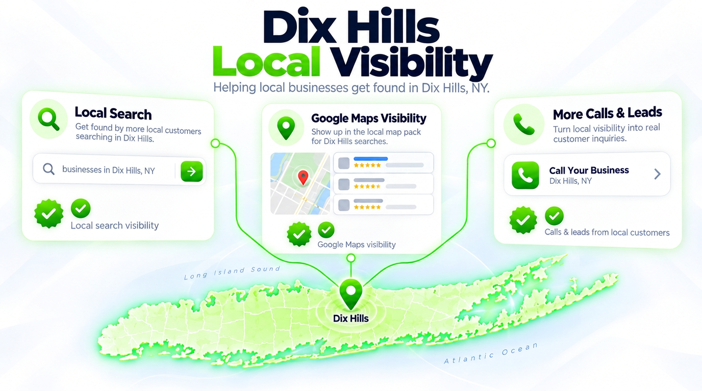 Juggernaut Digital search bar connected to AI chat assistants and a Google Maps pack over a Dix Hills neighborhood