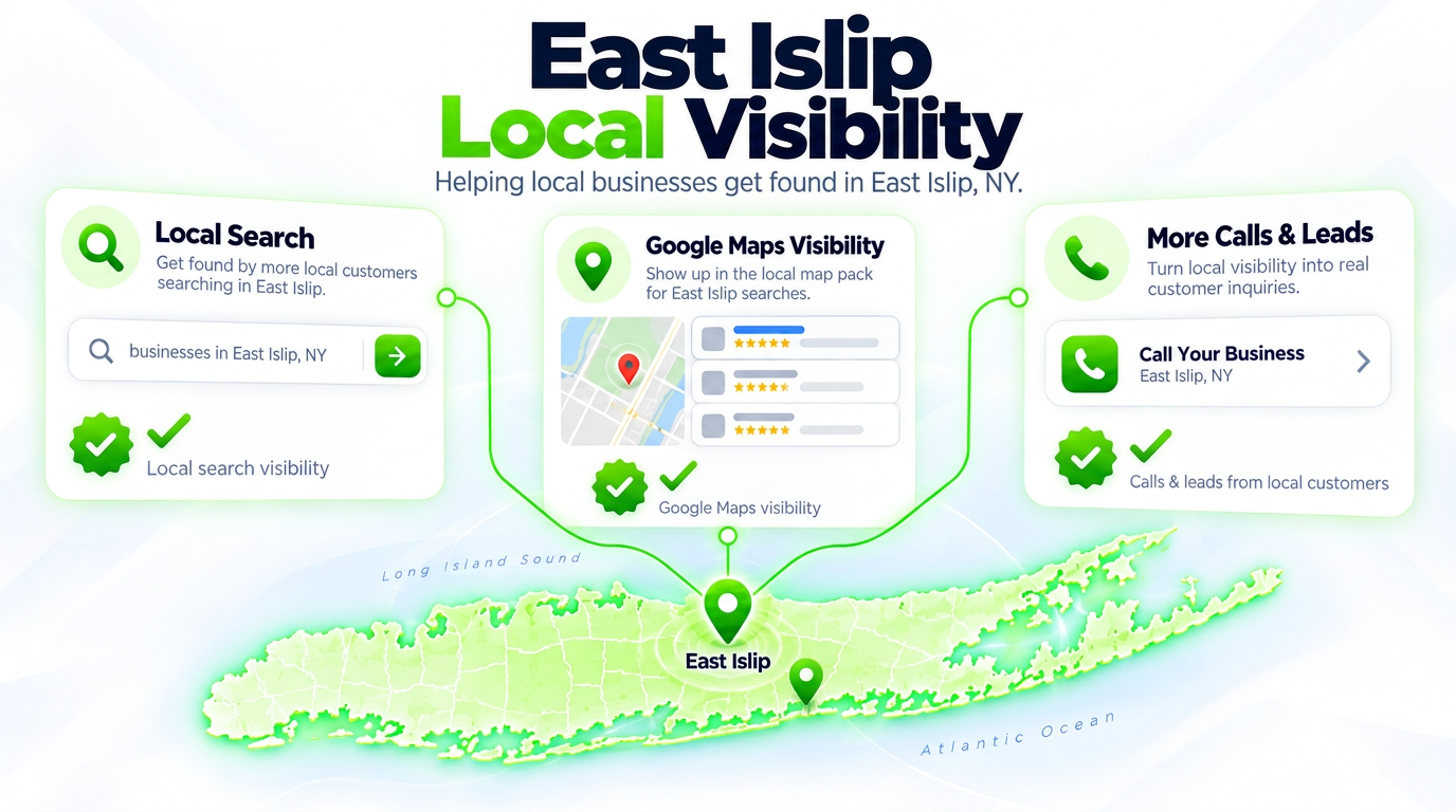 Juggernaut Digital search bar connected to AI chat assistants and a Google Maps pack over a East Islip neighborhood