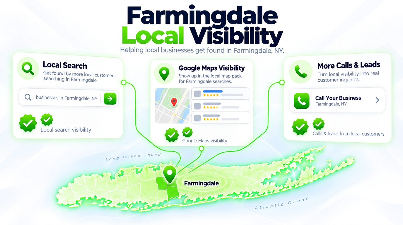 Juggernaut Digital search bar connected to AI chat assistants and a Google Maps pack over a Farmingdale neighborhood