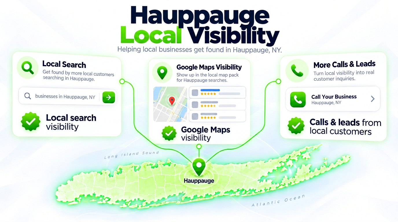 Juggernaut Digital search bar connected to AI chat assistants and a Google Maps pack over a Hauppauge neighborhood