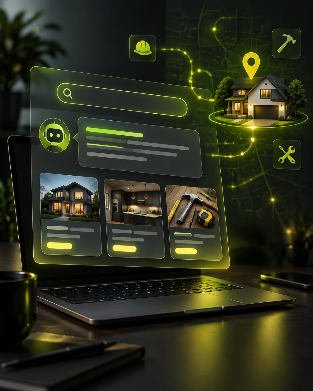 AI search assistant on a laptop recommending a local business beside a map