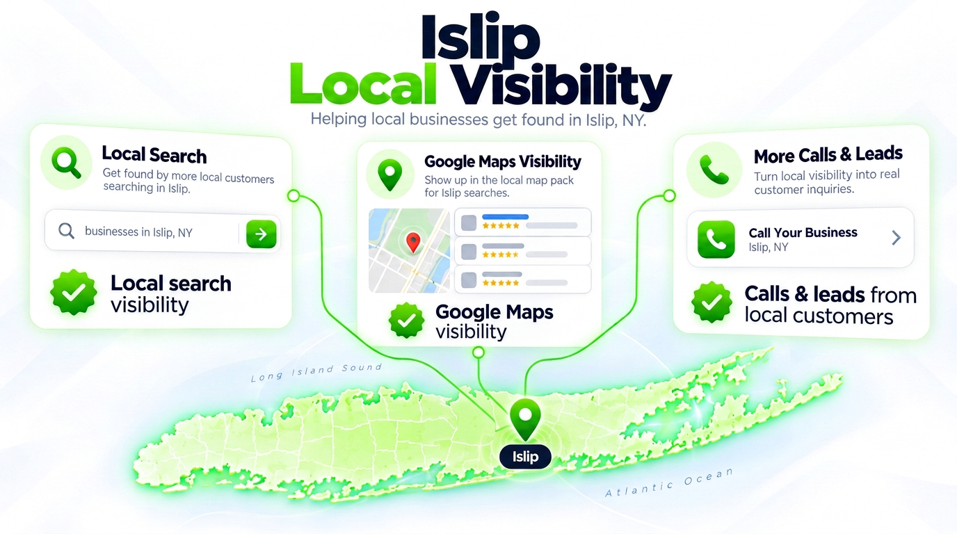 Juggernaut Digital search bar connected to AI chat assistants and a Google Maps pack over a Islip neighborhood