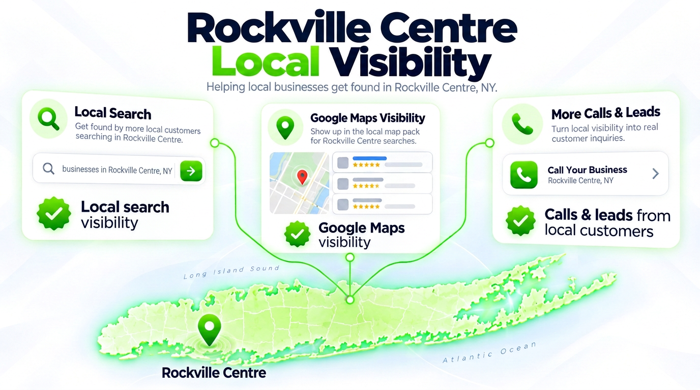 Juggernaut Digital search bar connected to AI chat assistants and a Google Maps pack over a Rockville Centre neighborhood